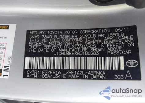 2011 Toyota Corolla Le из США, поврежденный, VIN JTDBU4EEXBJ106283